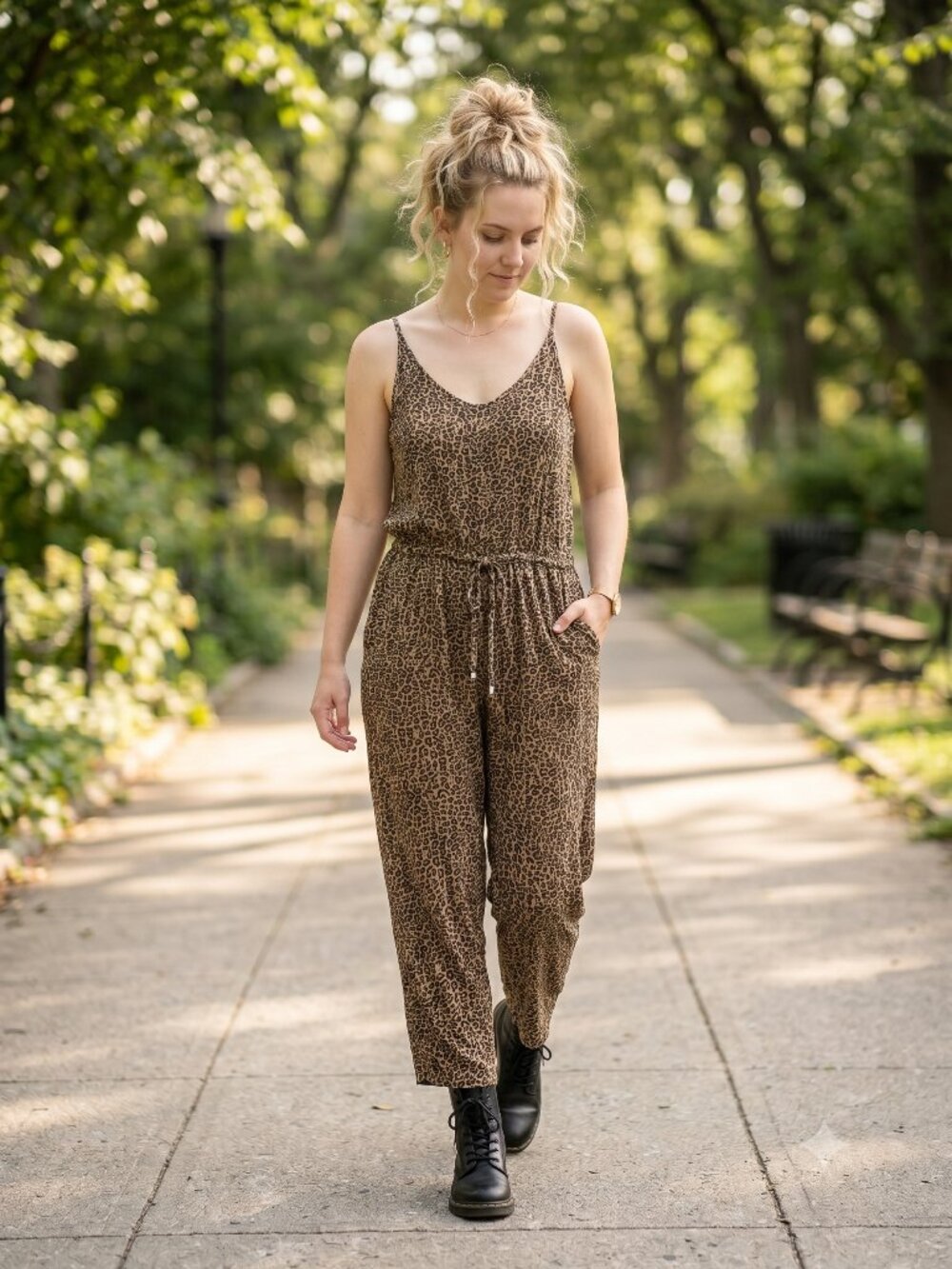 Kaffe Leopard Print Jumpsuit Size 38 US 8 M Spaghetti Strap Drawstring Boho Summ